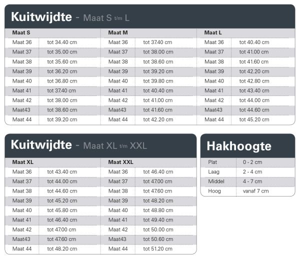 Maattabel Dames - Kuitwijdte & Hakhoogte